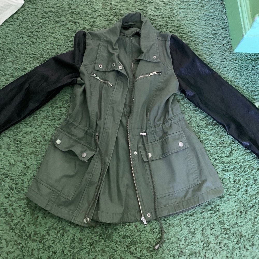 Green Utility jacket with faux leather sleeves